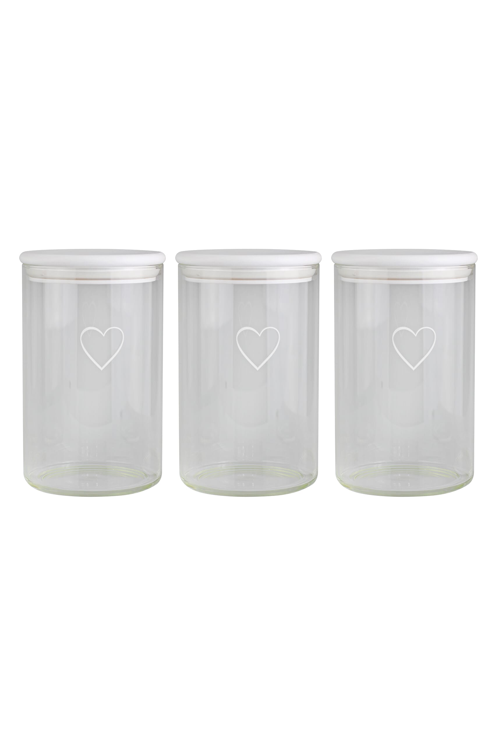 Set 3 Glass White Heart Bamboo Storage Jars White lid 1000ml Pretty
